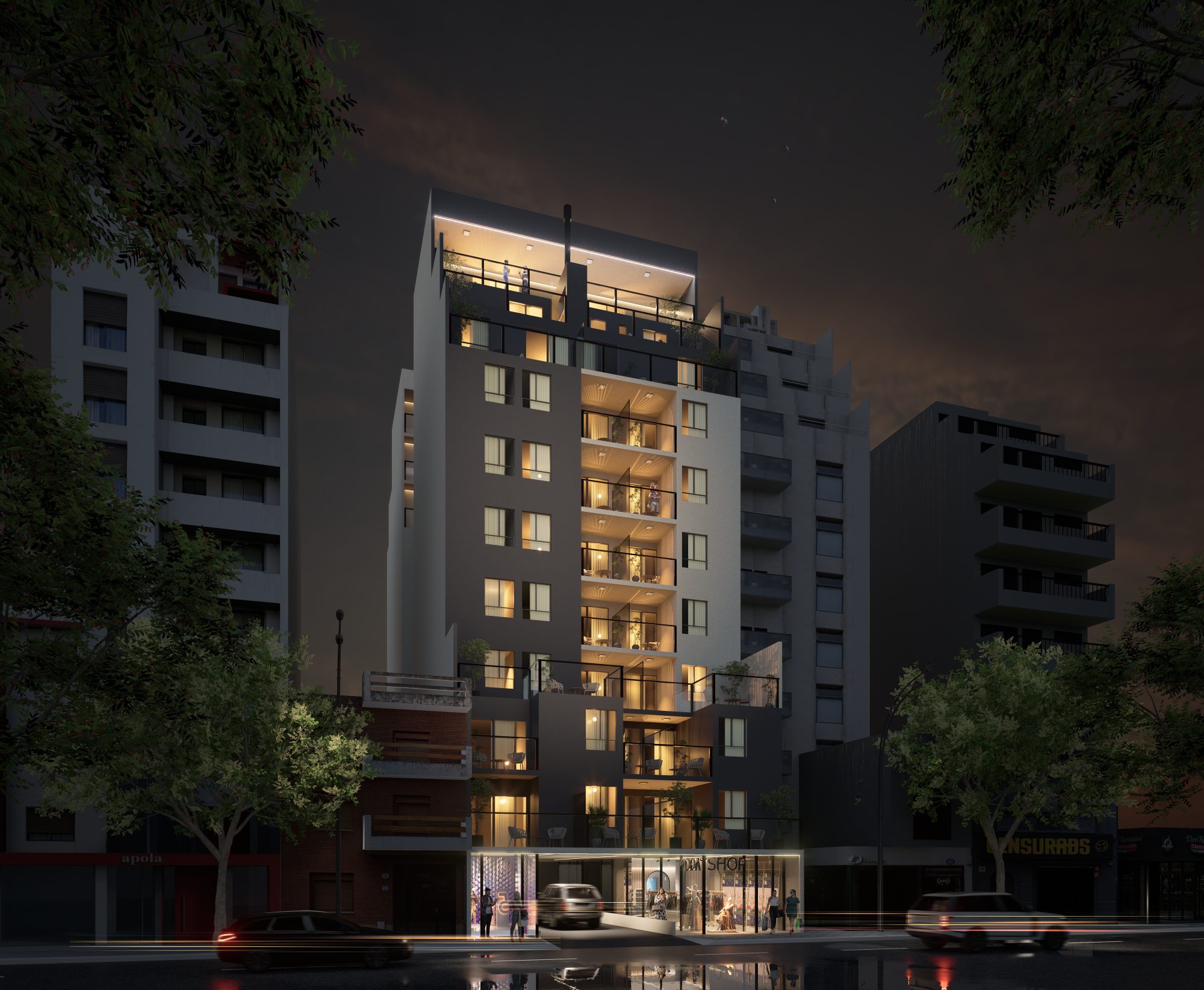 Frente del edificio de noche