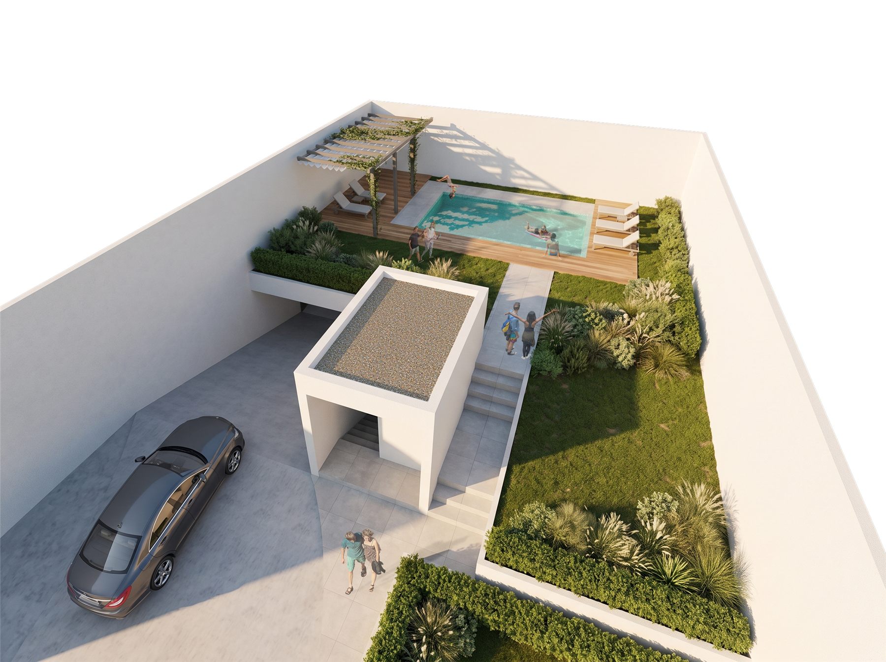 Solarium con piscina y pérgola